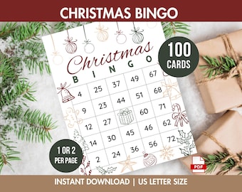 100 kerstbingokaarten, printbaar kerstspel, handgetekende bingo, kerstactiviteit voor kinderen en volwassenen, kerstfeest, bingo voor een kantoorfeest