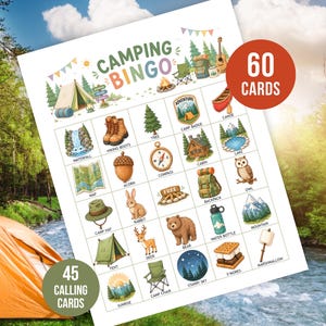 Puede incluir: Una tarjeta de juego de Bingo de acampada con ilustraciones coloridas de elementos relacionados con el camping, como una tienda de campaña, botas y una brújula. La tarjeta incluye el texto "Camping Bingo" y "60 Cartas". También hay 45 tarjetas de llamada.