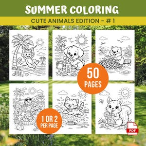 Könnte beinhalten: Eine Sammlung von Sommer-Malvorlagen mit niedlichen Tieren. Die Seiten enthalten Illustrationen eines Affen, Welpen, Bibers, einer Katze und eines Eichhörnchens. Das Set enthält 50 Seiten mit Optionen für 1 oder 2 Bilder pro Seite. Der Text "SUMMER COLORING" und "CUTE ANIMALS EDITION - #1" sind angezeigt.