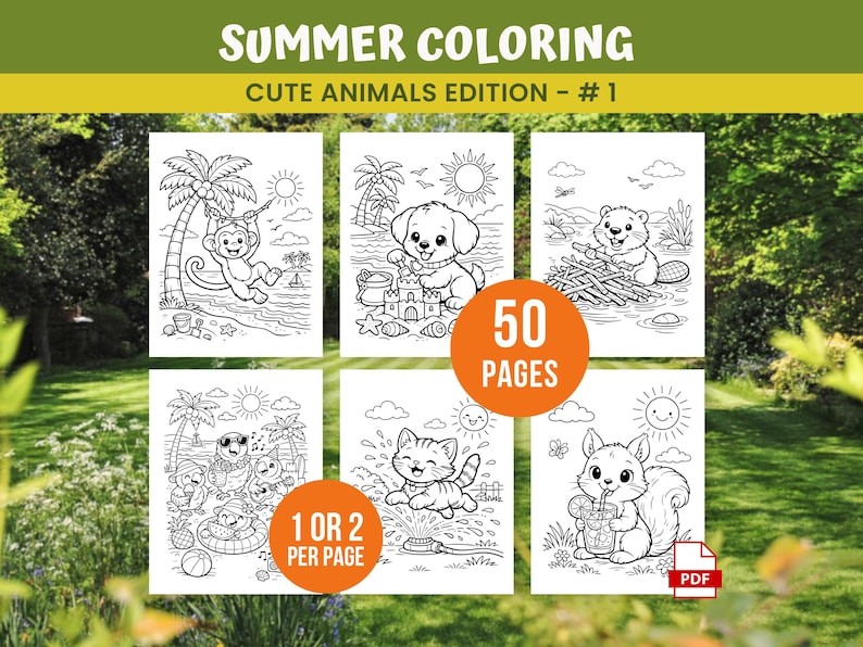 May include: A collection of summer-themed coloring pages featuring cute animals. The pages include illustrations of a monkey, puppy, beaver, cat, and squirrel. The set includes 50 pages with options for 1 or 2 images per page. The text "SUMMER COLORING" and "CUTE ANIMALS EDITION - #1" are displayed.