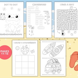 May include: A collection of activity pages for children, featuring dot-to-dot, crossword puzzles, and mazes. The pages include illustrations of a frog, a strawberry, surfboards, and a van. The text "PAGES 11-15" is visible.