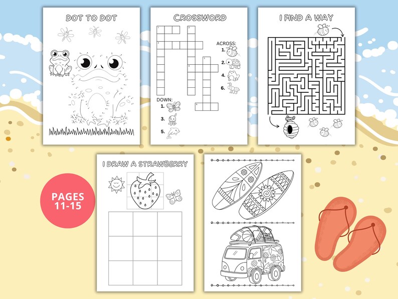 May include: A collection of activity pages for children, featuring dot-to-dot, crossword puzzles, and mazes. The pages include illustrations of a frog, a strawberry, surfboards, and a van. The text "PAGES 11-15" is visible.