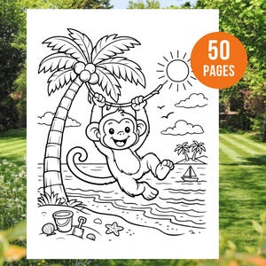 May include: Black and white illustration of a monkey swinging from a palm tree on a beach. The image includes a sun, clouds, a sailboat, and the text "50 PAGES" in an orange circle. A bucket, shovel, and starfish are also visible.