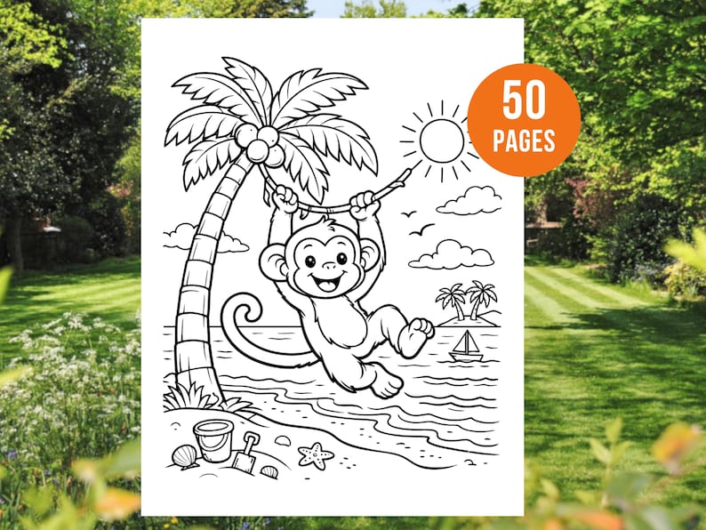 May include: Black and white illustration of a monkey swinging from a palm tree on a beach. The image includes a sun, clouds, a sailboat, and the text "50 PAGES" in an orange circle. A bucket, shovel, and starfish are also visible.