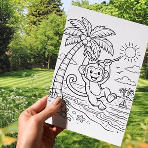 May include: Black and white line art coloring page featuring a cartoon monkey swinging from a palm tree. The scene includes a beach, sun, clouds, and a sailboat. The image is held against a green background.