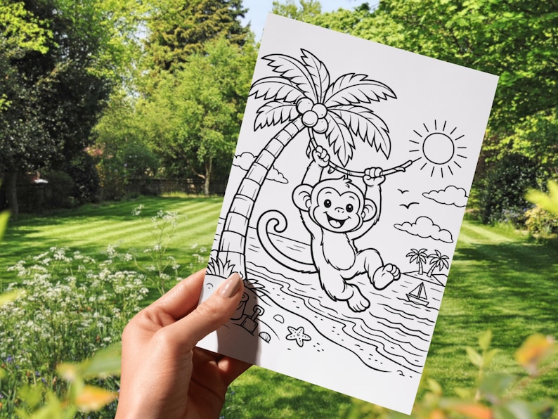 May include: Black and white line art coloring page featuring a cartoon monkey swinging from a palm tree. The scene includes a beach, sun, clouds, and a sailboat. The image is held against a green background.