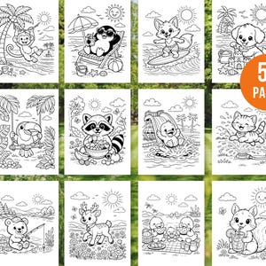 May include: A collection of 10 black and white coloring pages featuring various animals in summer scenes. The images include a monkey on a beach, a penguin relaxing, a fox surfing, and a dog building a sandcastle. The orange circle says "50 PAGES".