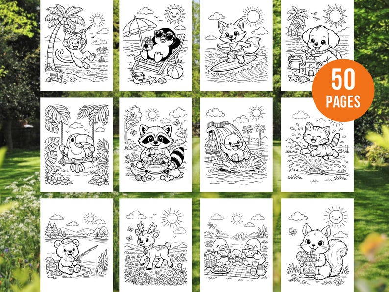 May include: A collection of 10 black and white coloring pages featuring various animals in summer scenes. The images include a monkey on a beach, a penguin relaxing, a fox surfing, and a dog building a sandcastle. The orange circle says "50 PAGES".