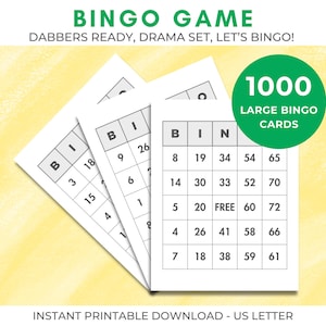 1000 Bingo Karten Pdf Download, Jumbo Bingo, sofort druckbares lustiges Party Familien Spiel, minimales klassisches Bingo Spiel, Großdruck