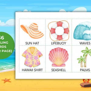 May include: A set of 36 calling cards with beach-themed illustrations. The cards feature a sun hat, lifebuoy, waves, a Hawaiian shirt, seashell, and palms. The text "36 Calling Cards (6 per page)" is also included.