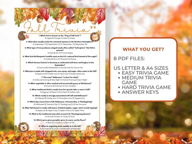 Fall Trivia Game, Printable Fall Quiz, Autumn Trivia Questions, Kids ...