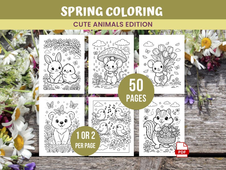 Peut inclure: Pages &agrave; colorier avec des illustrations d'animaux mignons, dont un lapin, un poussin, une souris, un ours, des oiseaux et un &eacute;cureuil. Le texte "SPRING COLORING" et "CUTE ANIMALS EDITION" sont en haut. Le texte "50 PAGES" est inclus.