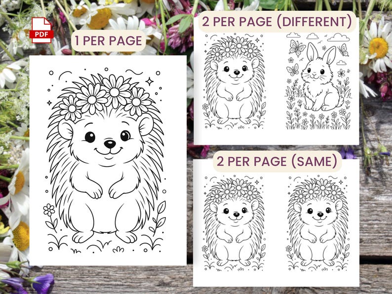 Peut inclure: Pages &agrave; colorier imprimables en noir et blanc avec un h&eacute;risson souriant portant une couronne de marguerites. L'image comprend &eacute;galement un lapin avec des papillons et des fleurs, et deux h&eacute;rissons identiques. Le texte indique "1 PAR PAGE" et "2 PAR PAGE (DIFF&Eacute;RENT)" et "2 PAR PAGE (M&Ecirc;ME)".