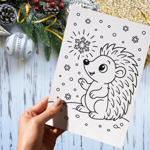 Pu&ograve; includere: Illustrazione in bianco e nero di un riccio dei cartoni animati che raggiunge un fiocco di neve. L'immagine &egrave; su una carta bianca, con fiocchi di neve e un riccio sorridente. La carta &egrave; tenuta in mano, con decorazioni natalizie sullo sfondo.