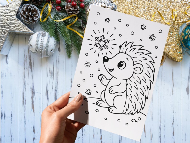 Pu&ograve; includere: Illustrazione in bianco e nero di un riccio dei cartoni animati che raggiunge un fiocco di neve. L'immagine &egrave; su una carta bianca, con fiocchi di neve e un riccio sorridente. La carta &egrave; tenuta in mano, con decorazioni natalizie sullo sfondo.