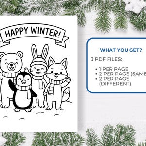 Pu&ograve; includere: Illustrazione in bianco e nero con un orso, un pinguino, un coniglio e una volpe con sciarpe, con il testo "HAPPY WINTER!". L'immagine include anche un elenco di 3 file PDF: 1 per pagina, 2 per pagina (uguali) e 2 per pagina (diversi).