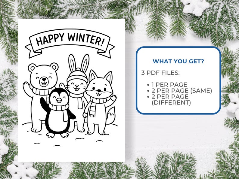 Pu&ograve; includere: Illustrazione in bianco e nero con un orso, un pinguino, un coniglio e una volpe con sciarpe, con il testo "HAPPY WINTER!". L'immagine include anche un elenco di 3 file PDF: 1 per pagina, 2 per pagina (uguali) e 2 per pagina (diversi).