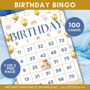100 Birthday Bingo Cards, Printable Gold Blue Birthday Bingo, Birthday Activity, Birthday Party Game, Birthday Number Bingo, A4, US Letter
