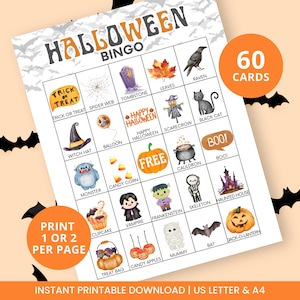 May include: A Halloween Bingo game sheet featuring 60 cards, with a grid of illustrations including a witch hat, monster, candy corn, pumpkin, cauldron, and haunted house. The text reads Halloween Bingo, 60 Cards, Print 1 or 2 Per Page, and Instant Printable Download.