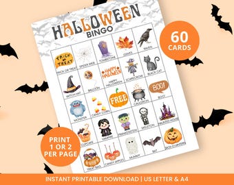 60 Halloween Bingo Cards, Halloween Games, Kids Halloween Game,Halloween Classroom Activity,Halloween Party Games,Bingo Game, PDF,A4, Letter