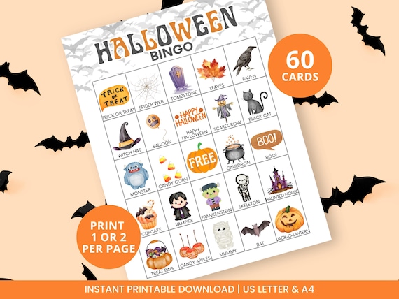 60 Halloween Bingo Cards, Halloween Games, Kids Halloween Game,Halloween Classroom Activity,Halloween Party Games,Bingo Game, PDF,A4, Letter