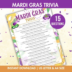 Mardi Gras Trivia Game, Printable Kids Adult Mardi Gras Quiz, Mardi Gras Party Game, Fat Tuesday Party Game, Pub Trivia, A4, US letter