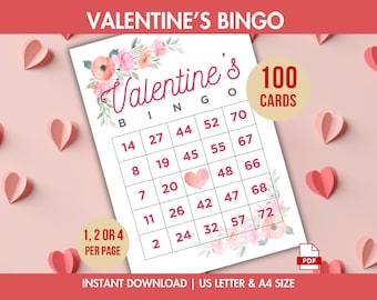 100 Valentine's Day Bingo Cards, Valentine,Valentine's Activity, Kids Valentine's Party Game, Valentine's Number Bingo, 1, 2, and 4 Per Page