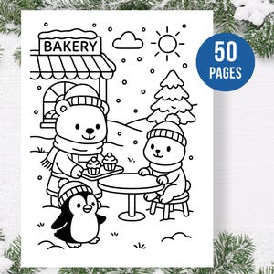 Pu&ograve; includere: Illustrazione in bianco e nero di una scena invernale con una panetteria, orsi e un pinguino. Un orso serve cupcake a un altro orso a un tavolo. L'immagine include il testo "50 PAGES" in un cerchio blu. Sta nevicando.