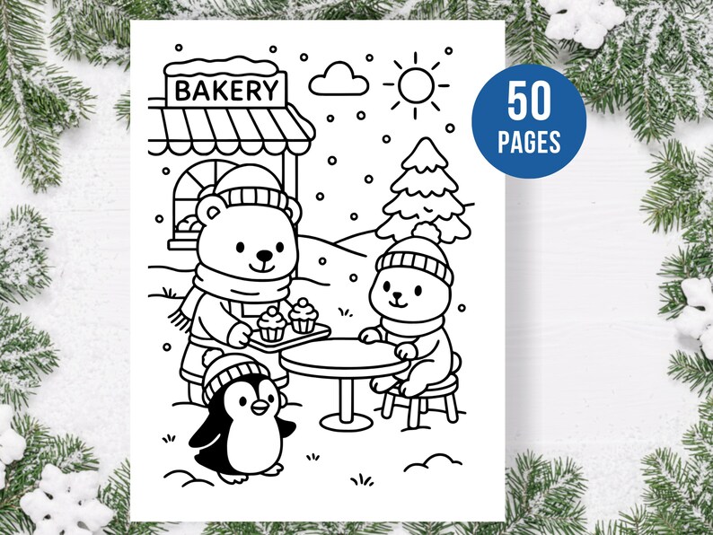 Pu&ograve; includere: Illustrazione in bianco e nero di una scena invernale con una panetteria, orsi e un pinguino. Un orso serve cupcake a un altro orso a un tavolo. L'immagine include il testo "50 PAGES" in un cerchio blu. Sta nevicando.