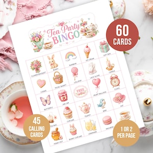 May include: A printable tea party bingo game with 60 cards. The game features watercolor illustrations of teacups, desserts, and floral elements. Includes 45 calling cards and options for 1 or 2 cards per page. Perfect for a tea party.