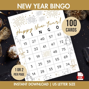 May include: A New Year Bingo game card with gold and black accents. The card features the text "Happy New Year! Bingo" and includes numbers and festive illustrations. The image also includes a champagne bottle, cupcakes, and champagne flutes.