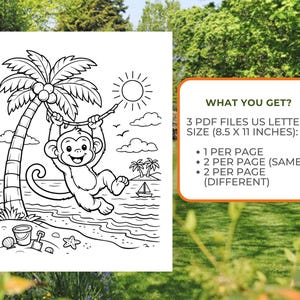 May include: Black and white line art of a monkey swinging from a palm tree on a beach, with a sun, clouds, and a sailboat in the background. Text on the right says "WHAT YOU GET?" and lists PDF file details.