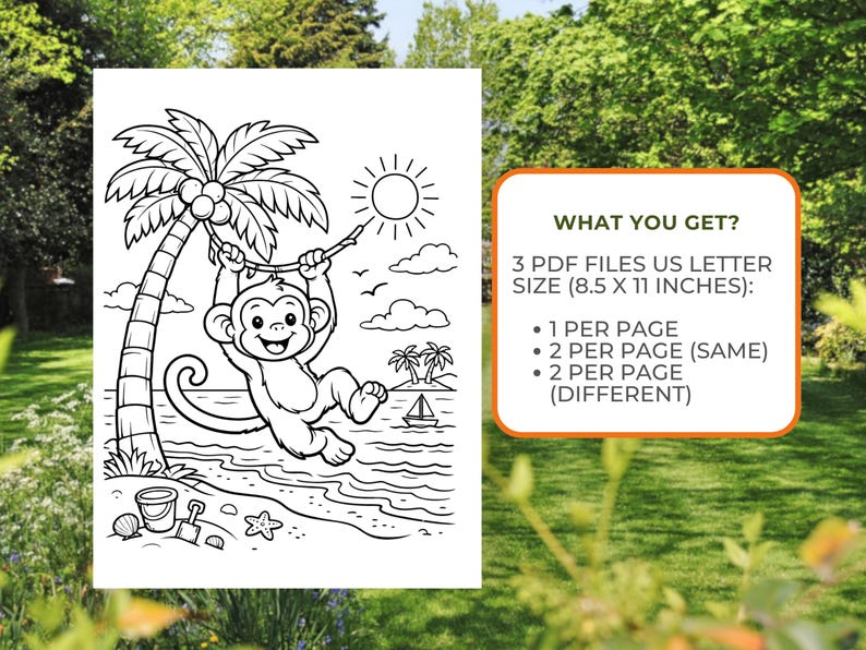May include: Black and white line art of a monkey swinging from a palm tree on a beach, with a sun, clouds, and a sailboat in the background. Text on the right says "WHAT YOU GET?" and lists PDF file details.