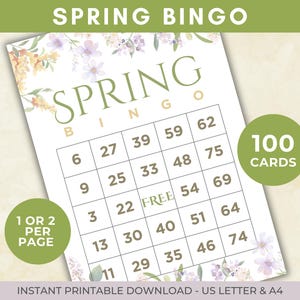 100 tarjetas de bingo de primavera, bingo de primavera imprimible, actividad de primavera, juego de fiesta de primavera, bingo de números de primavera, bingo de Pascua, A4, tamaño carta de EE. UU.