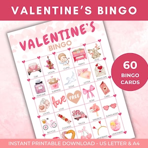 60 Valentinstag Bingokarten, Valentinstag Bingo, Valentinstag Aktivität, Valentinstag Partyspiel, Valentinstag Kinder Klassenzimmer Aktivität