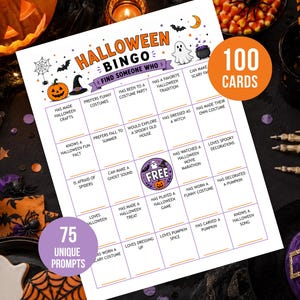 May include: A Halloween Bingo game sheet featuring 25 squares with prompts like Has Made Halloween Crafts, Prefers Funny Costumes, and Has Been to a Costume Party. The header reads Halloween Bingo Find Someone Who, with a central Free space.