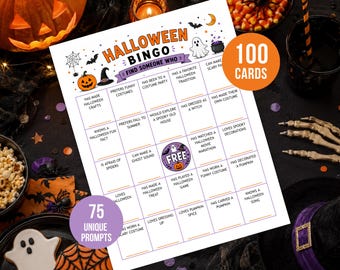 May include: A Halloween Bingo game sheet featuring 25 squares with prompts like Has Made Halloween Crafts, Prefers Funny Costumes, and Has Been to a Costume Party. The header reads Halloween Bingo Find Someone Who, with a central Free space.