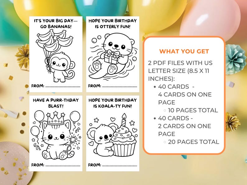 Printable Birthday Coloring Cards for Kids, Kawaii Animal Birthday ...