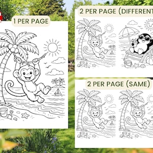 May include: Black and white coloring pages featuring beach scenes. One page shows a monkey swinging from a palm tree, while another depicts a penguin relaxing on a beach chair. The text "1 PER PAGE" and "2 PER PAGE (DIFFERENT)" is visible.