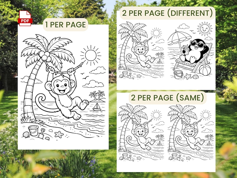 May include: Black and white coloring pages featuring beach scenes. One page shows a monkey swinging from a palm tree, while another depicts a penguin relaxing on a beach chair. The text "1 PER PAGE" and "2 PER PAGE (DIFFERENT)" is visible.