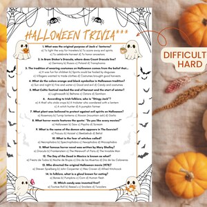 May include: Halloween trivia game with a difficulty level of "Hard." The game features a white background with black spiderwebs, bats, and ghost illustrations. The trivia questions are about Halloween traditions and horror movies. Pumpkins are in the background.