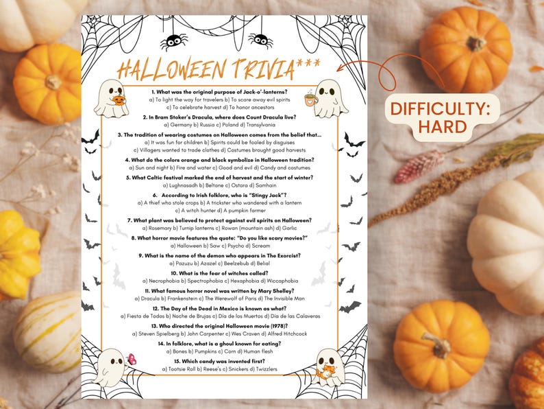 May include: Halloween trivia game with a difficulty level of "Hard." The game features a white background with black spiderwebs, bats, and ghost illustrations. The trivia questions are about Halloween traditions and horror movies. Pumpkins are in the background.