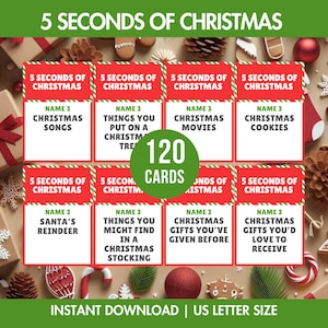 以下が含まれることがあります： 120枚のカードを使ったクリスマスゲーム。各カードには、5秒以内に3つのものを答えるよう促すお題が書かれています。カードは赤と白で、クリスマスソングや映画などのカテゴリーがあります。画像にはお祝いの飾り付けが施されています。