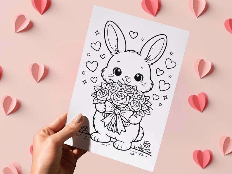 May include: A black and white illustration of a cute bunny holding a bouquet of roses, with hearts and stars around it. The image is on a white paper, with pink paper hearts on a pink background.