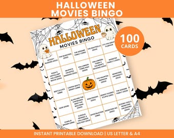May include: A Halloween Movies Bingo game card featuring a grid of movie titles, a central orange pumpkin illustration, and two white ghost characters. The header reads Halloween Movies Bingo, and a circular orange badge indicates 100 cards.
