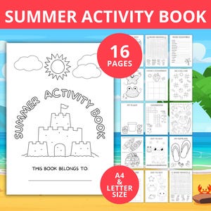 May include: A summer activity book with the title "SUMMER ACTIVITY BOOK" at the top. The cover features a sandcastle illustration with the text "SUMMER ACTIVITY BOOK" around it. The book contains 16 pages of activities and is A4 & Letter size.