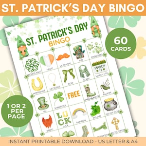 Op de afbeelding: Een printbaar St. Patrick's Day Bingo-spel met 60 kaarten. De bingokaart bevat afbeeldingen van klavertjesvier, kabouters, potten goud en andere St. Patrick's Day-thema's.