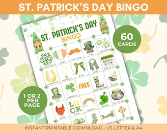 60 St. Patrick's Day Bingo Cards, St. Patrick's Day Bingo Game, St. Patrick's Activity Party Game, Paddy's Kids Game Activity, A4, US letter
