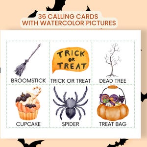 May include: A set of 36 calling cards with watercolor pictures featuring Halloween themes. The cards display illustrations of a broomstick, a trick or treat sign, a dead tree, a cupcake, a spider, and a treat bag with corresponding text labels.