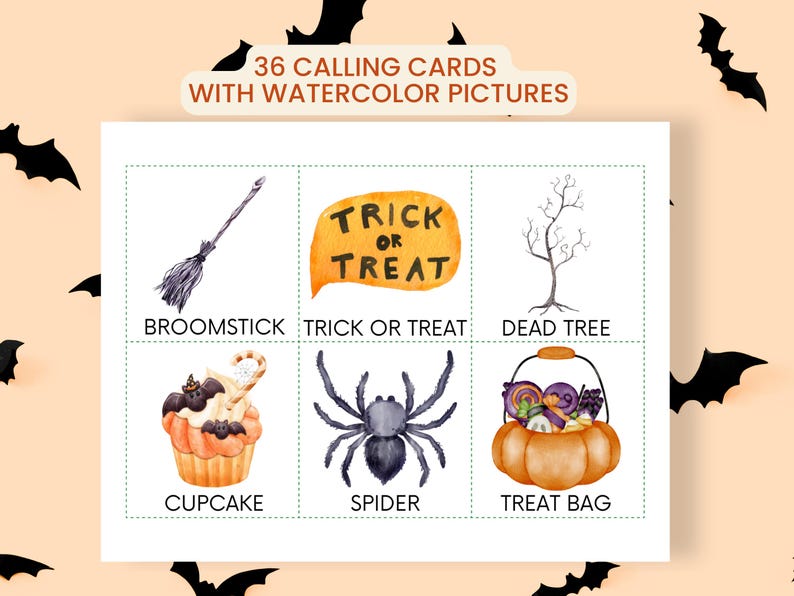 May include: A set of 36 calling cards with watercolor pictures featuring Halloween themes. The cards display illustrations of a broomstick, a trick or treat sign, a dead tree, a cupcake, a spider, and a treat bag with corresponding text labels.